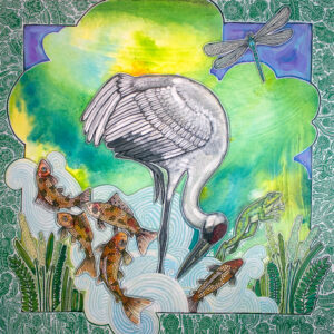 Crane Playing Koi by Lynnette Shelley